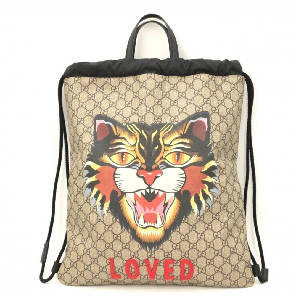 GUCCI Angry Cat Drawstring Backpack GG Supreme Rucksack Handbag